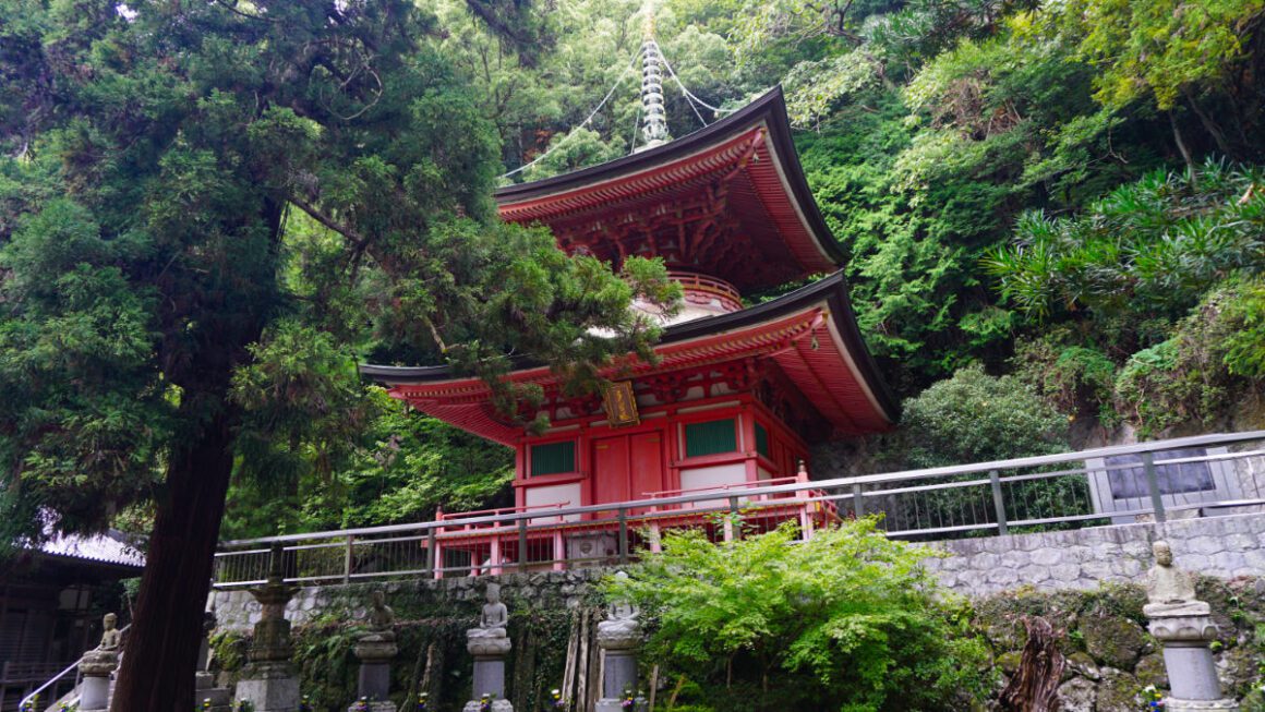 A red pagoda hidden among green pine trees, at one of the temples of the Shikoku Henro 88 temple trail