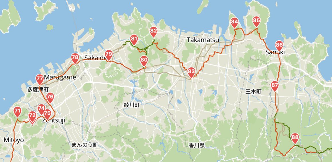 A map of Kagawa prefecture, showing the route of a 5-day itinerary along the Shikoku 88 temple trail